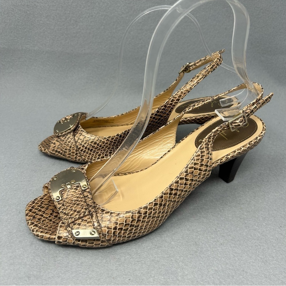 Cole Haan Pumps Open Toe Front Buckle Snake Print Heels Ankle Strap Womens 7.5B